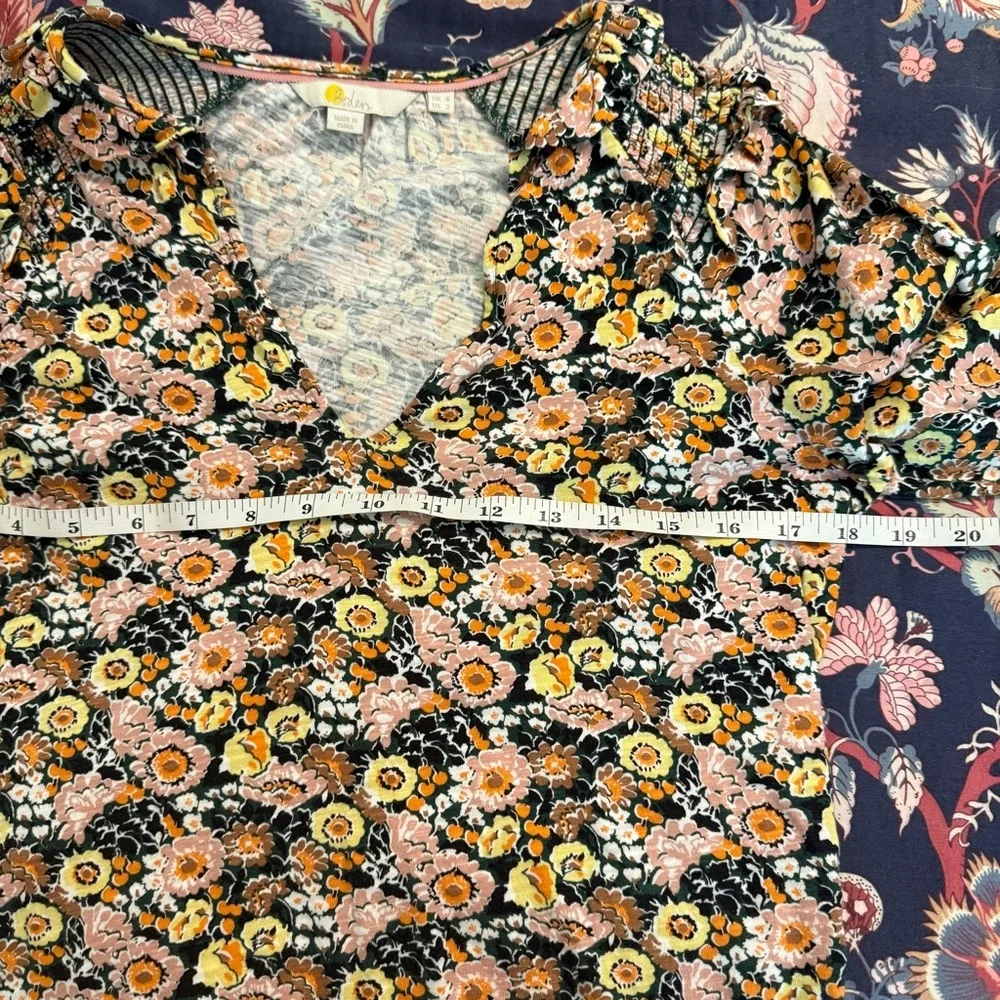 Boden Floral Notch Neck Smocked Frill Top Cotton Blouse Women's Size 2 - Picture 9 of 10
